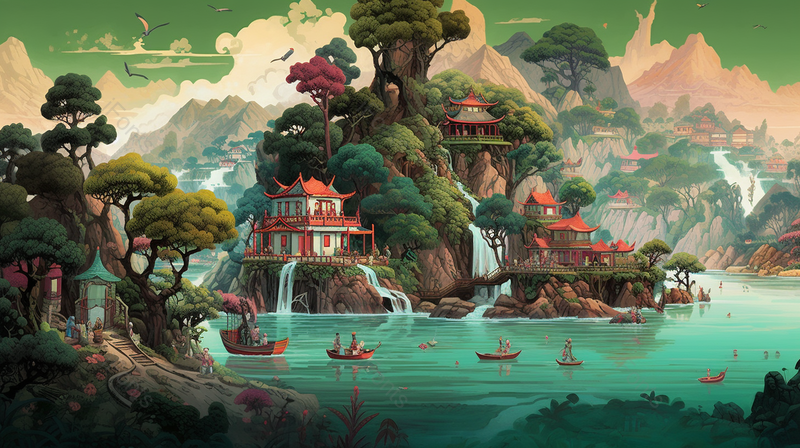 黄鹤楼地标建筑国潮风装饰画背景,插画/手绘图,插画/手绘图库,插画/手绘图下载,插画/手绘